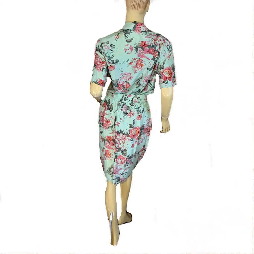 VINTAGE CAROLE LITTLE MINTY GREEN & PINK FLORAL PRINT SILK SKIRT SET (4) - Image 4