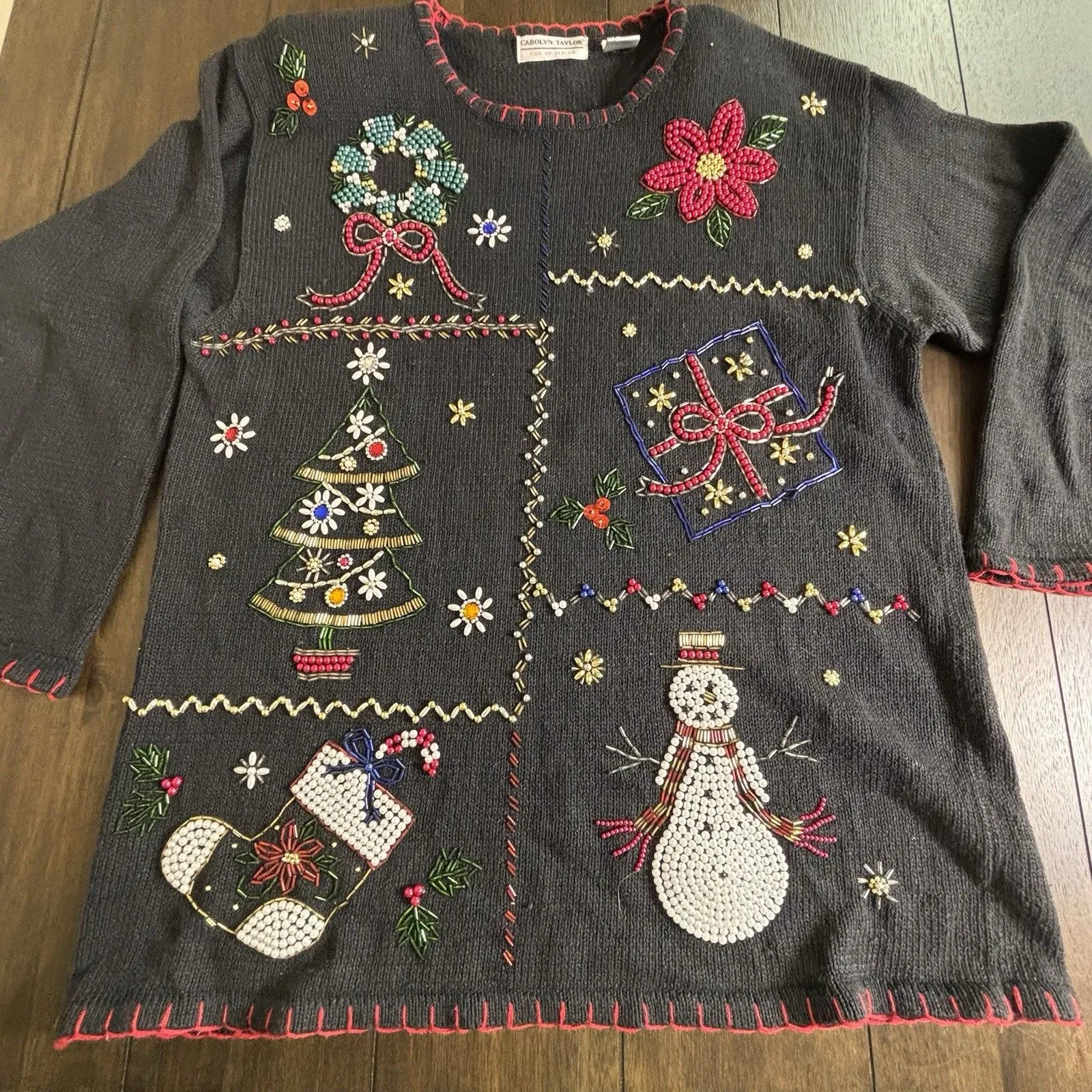 Carolyn Taylor VTG Christmas Holiday Sweater Women L Beaded Design - Image 3