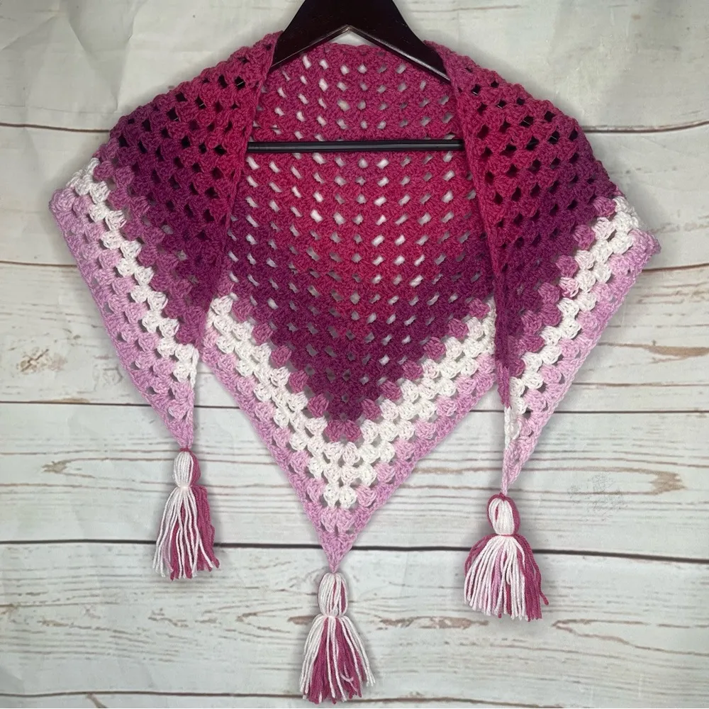 Handmade • Crochet Triangle Scarf/Shawl • Pink & Purple • Tassels • Spri… - Image 7