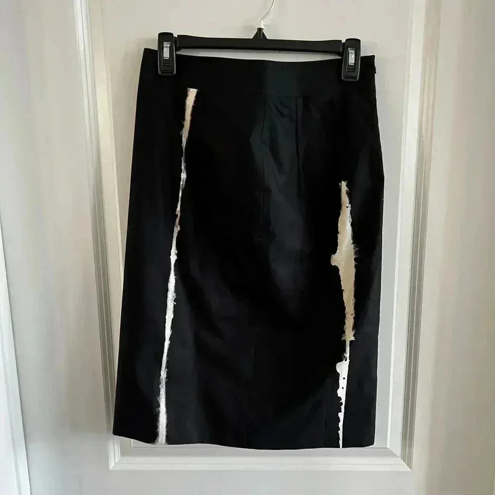 854 Jenni Kayne Black Cotton Pencil Skirt Beige Abstract Stripes Lined Midi - Image 4