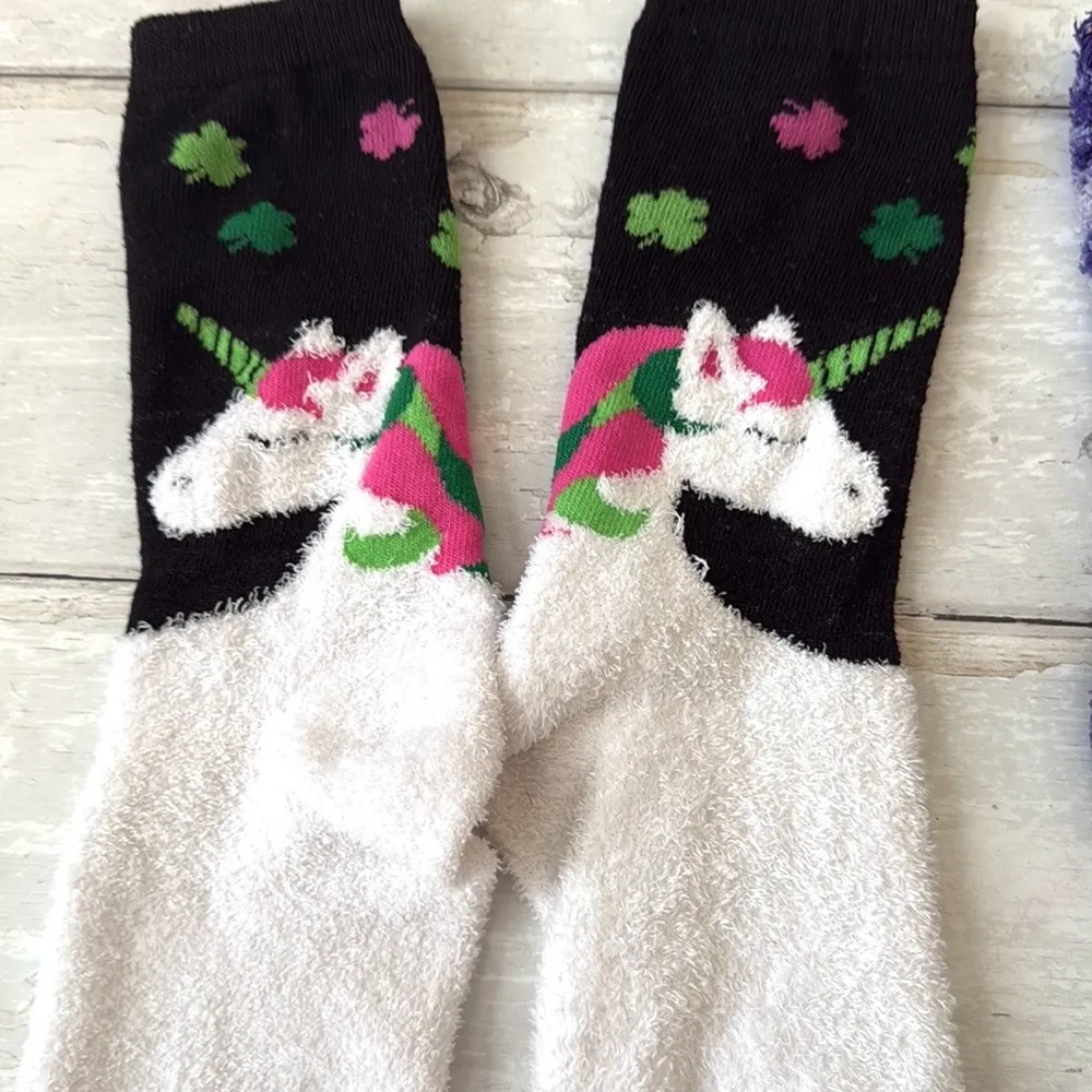 Women’s Fuzzy Winter Socks Bundle Lot Set of 4 Candy Cane Stripes Unicorn Print Black - Image 2