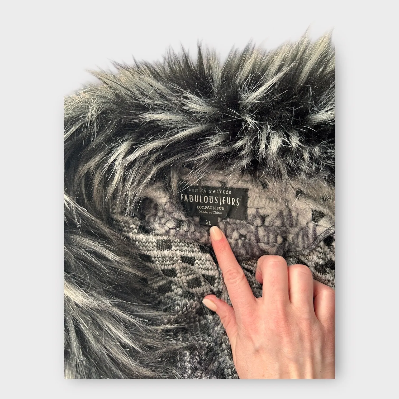 Donna Salyers Fabulous Furs Knit Cardigan Coat Faux Fur Collar Gray Black XL - Image 11