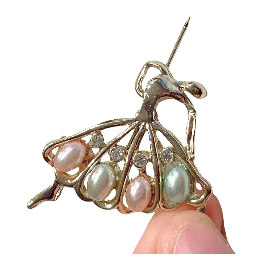 Vintage Ballerina Faux Pearl Rhinestone Brooch Pin Gold Tone MCM Whimsical 1.75” - Image 5