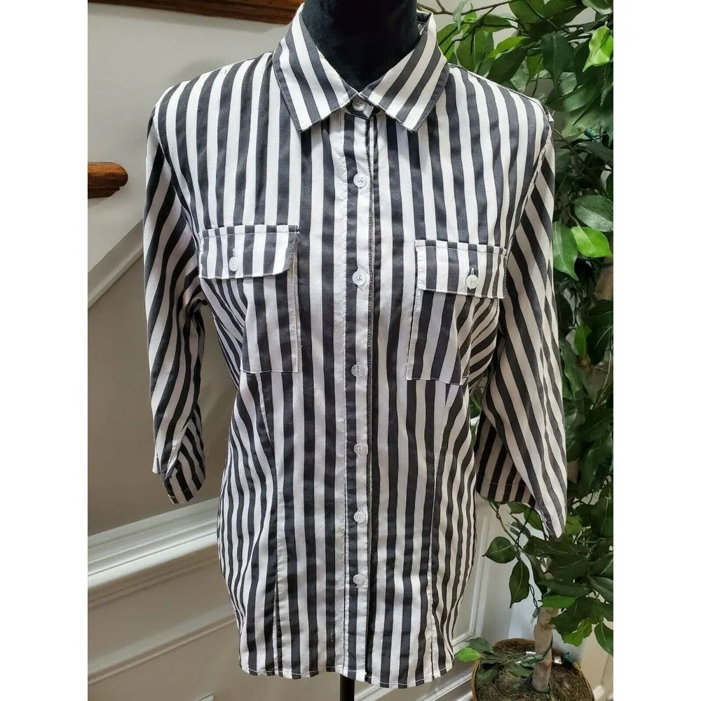 Ashley Stewart Women Black/White Nylon Collared Long Sleeve Button Down Shirt 14 - Image 2