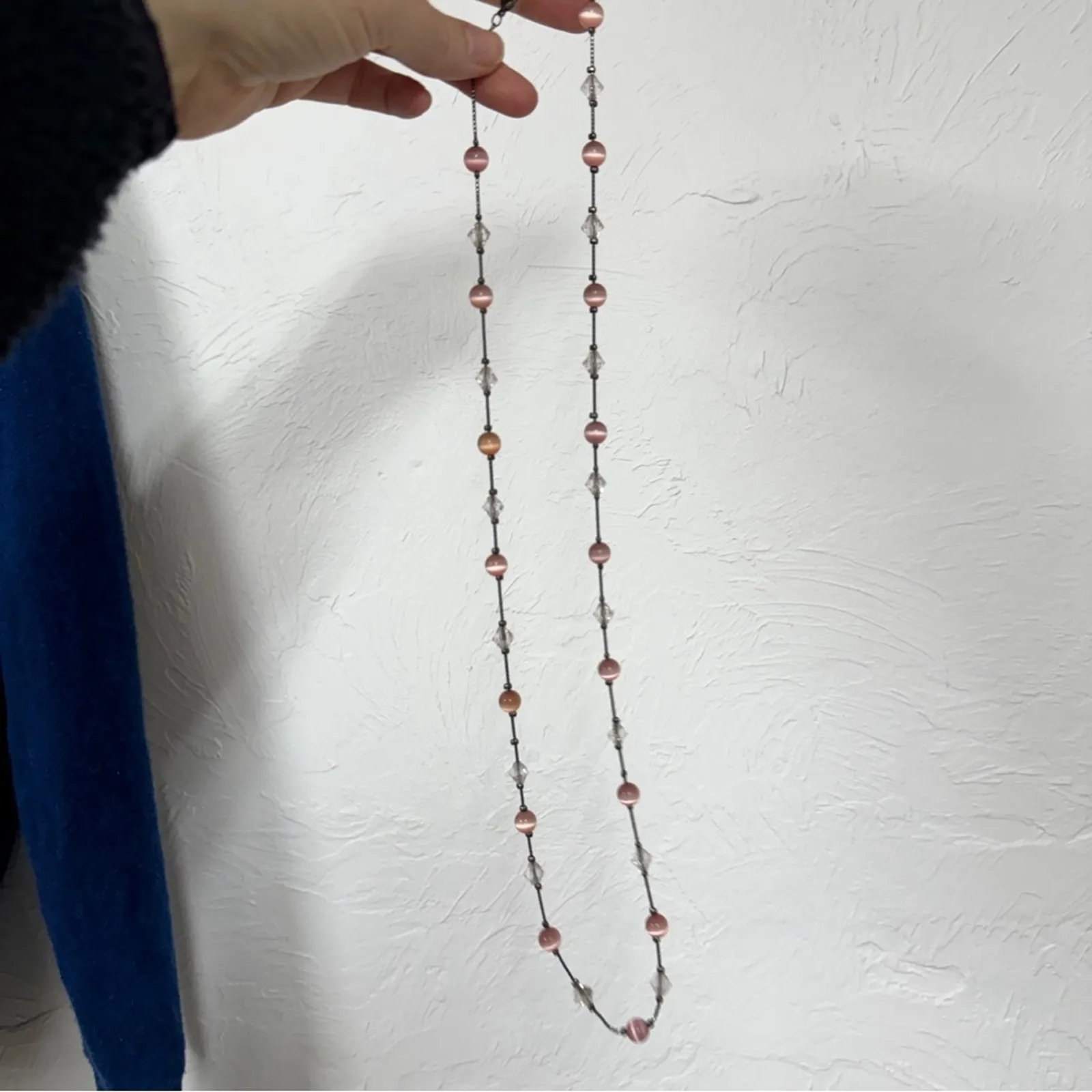 Silver Tone Pink Glass Bead Rhinestone Beaded Long Necklace Womens Jewelry - Image 5