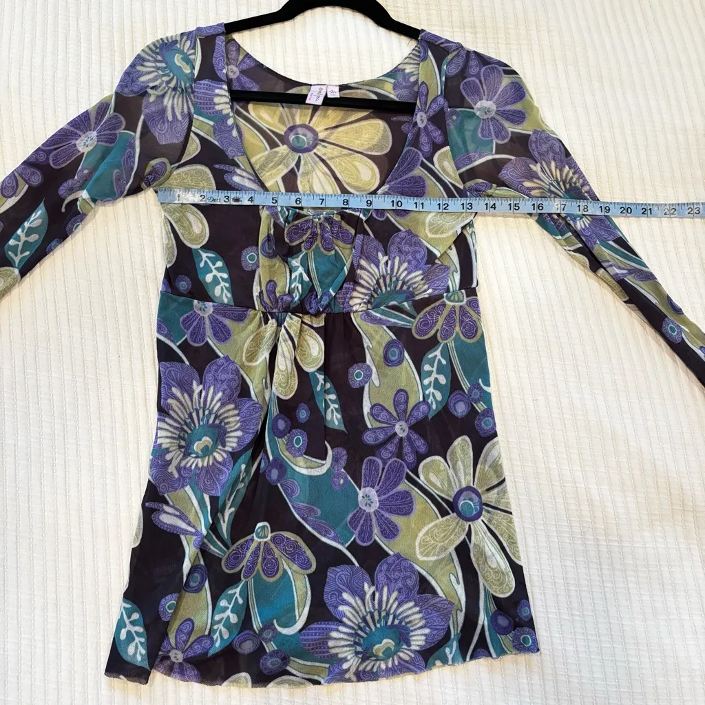 Sweet Pea by Stacy Frati Euro Micro Mesh Fairy Baby Doll Top Floral Print Size M Purple Size M - Image 8