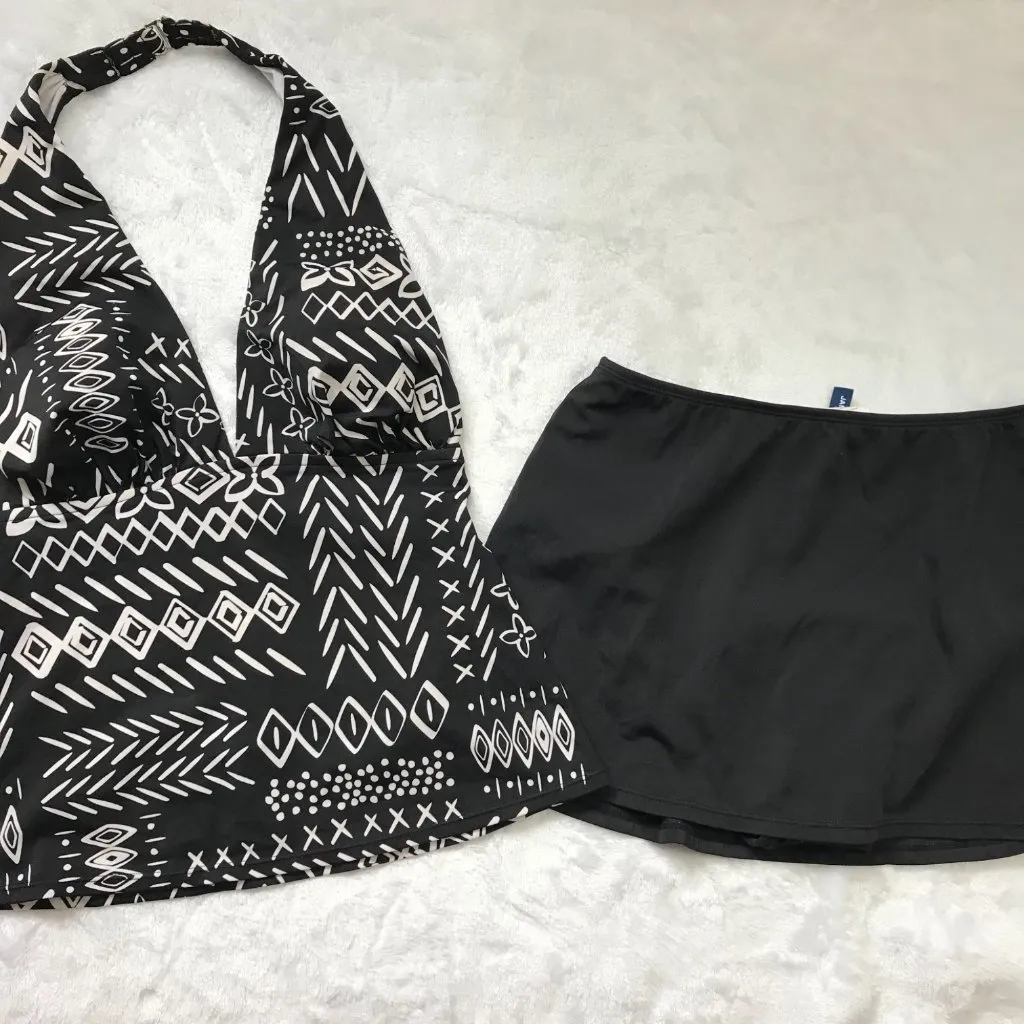 Jantzen Halter Tankini Top Skirted Bottoms Womens 10 Black White Two Piece‎ - Image 12