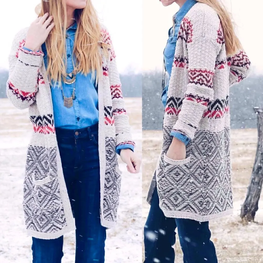 MAURICES Cream Beige Brown Pink Geometric Fair Isle Duster Long Cardigan Sweater - Image 4