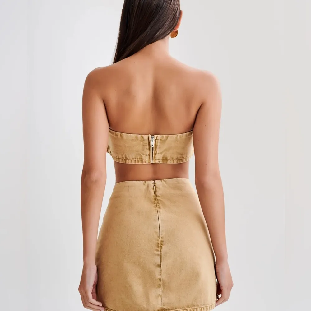 ROWENA Denim Buckle Bandeau - Tan Acid Wash Size Small - Image 3