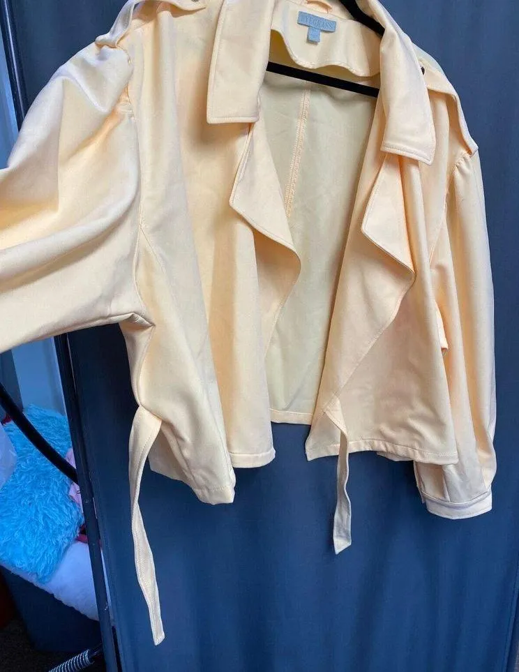 RyeGrass Cropped Jacket Women's 3X Yellow Side Tie Puff Sleeve Open Front B62 - Image 3