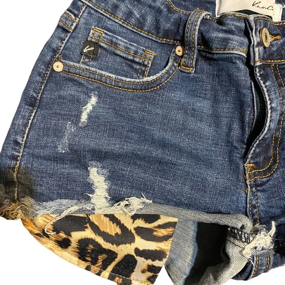 Kancan Leopard Pocket Frayed Distressed Denim Shorts Size Small Blue - Image 5