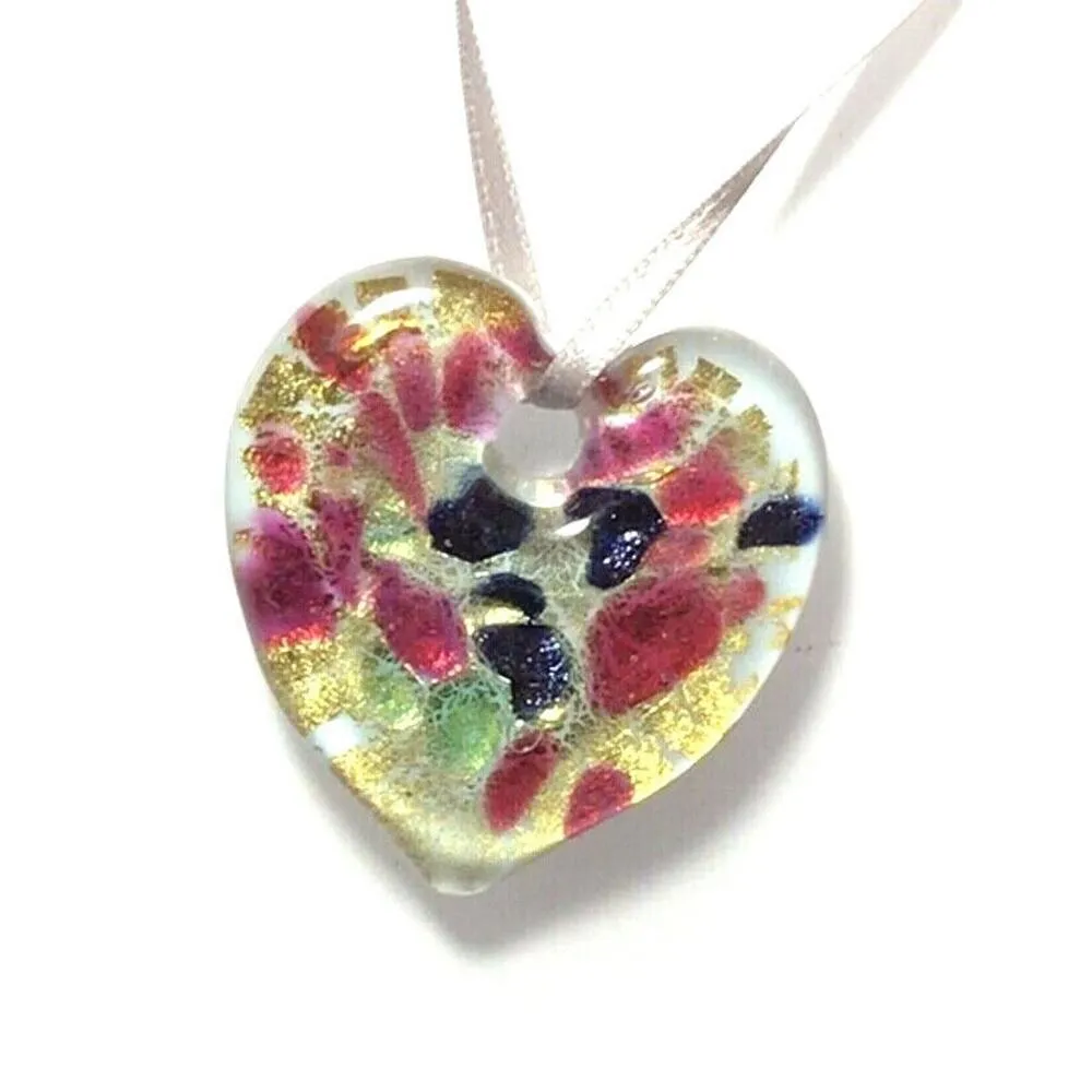 Murano Art BLOWN GLASS PENDANT Heart Shaped Necklace Ornament Gold Metal Foil Red - Image 3