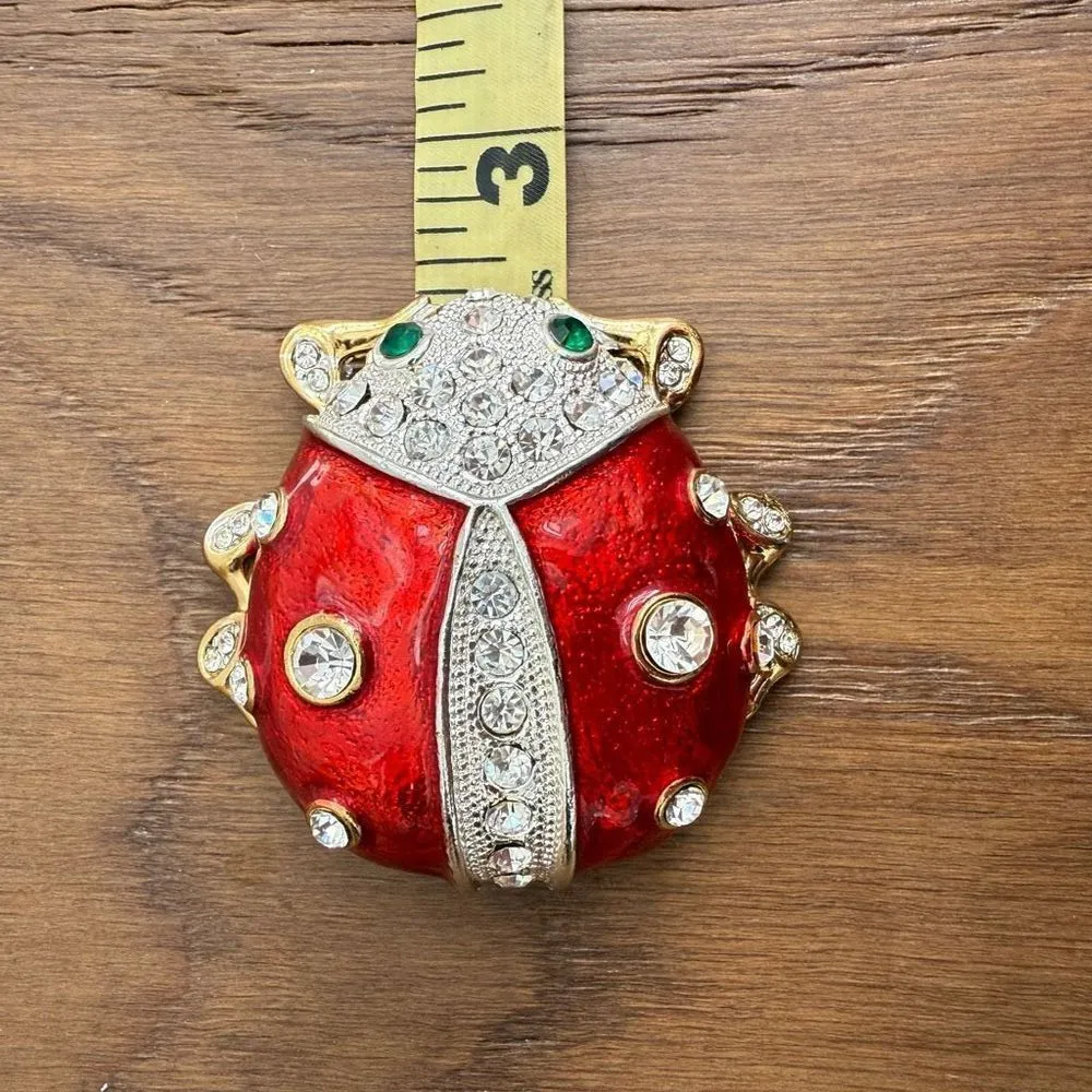 Large Enamel Ladybug Brooch Pin Rhinestone Bling Red - Image 4