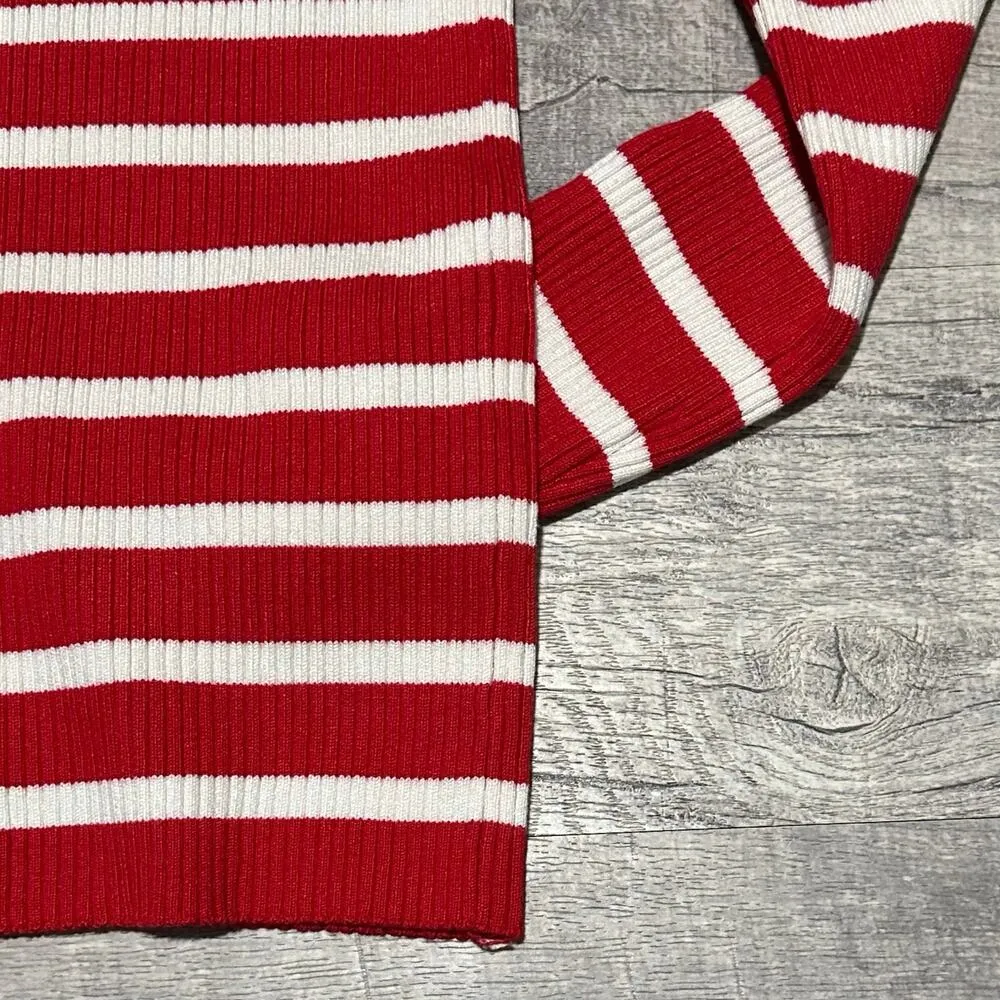 Red White Stripe Sweater Womens XS Ribbed Fitted Pearl Button Sleeve - Image 7
