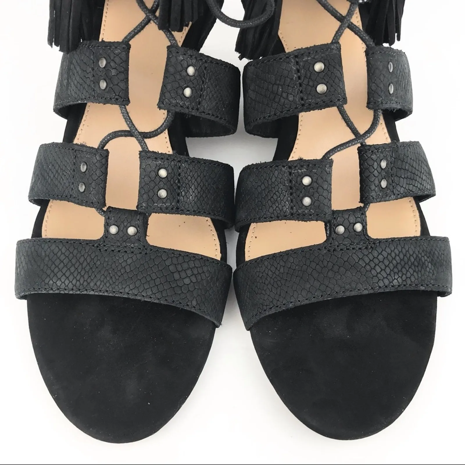 UGG Womens Yasmin Snake Embossed Leather Wedge Sandals Strappy Black Tassels 7.5 - Image 7