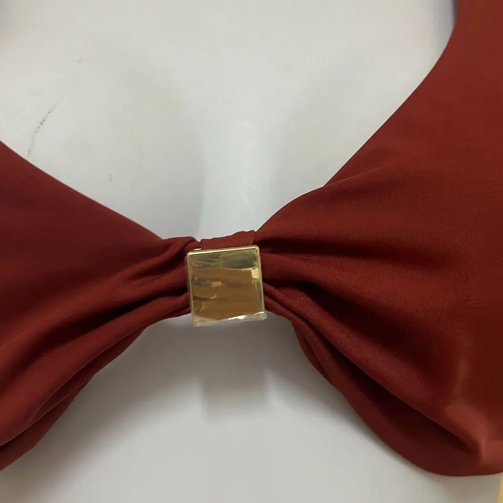 Andie Swim The Dalia Bikini Top Burgundy Gold Clasp Adjustable Padded Medium NWT - Image 3