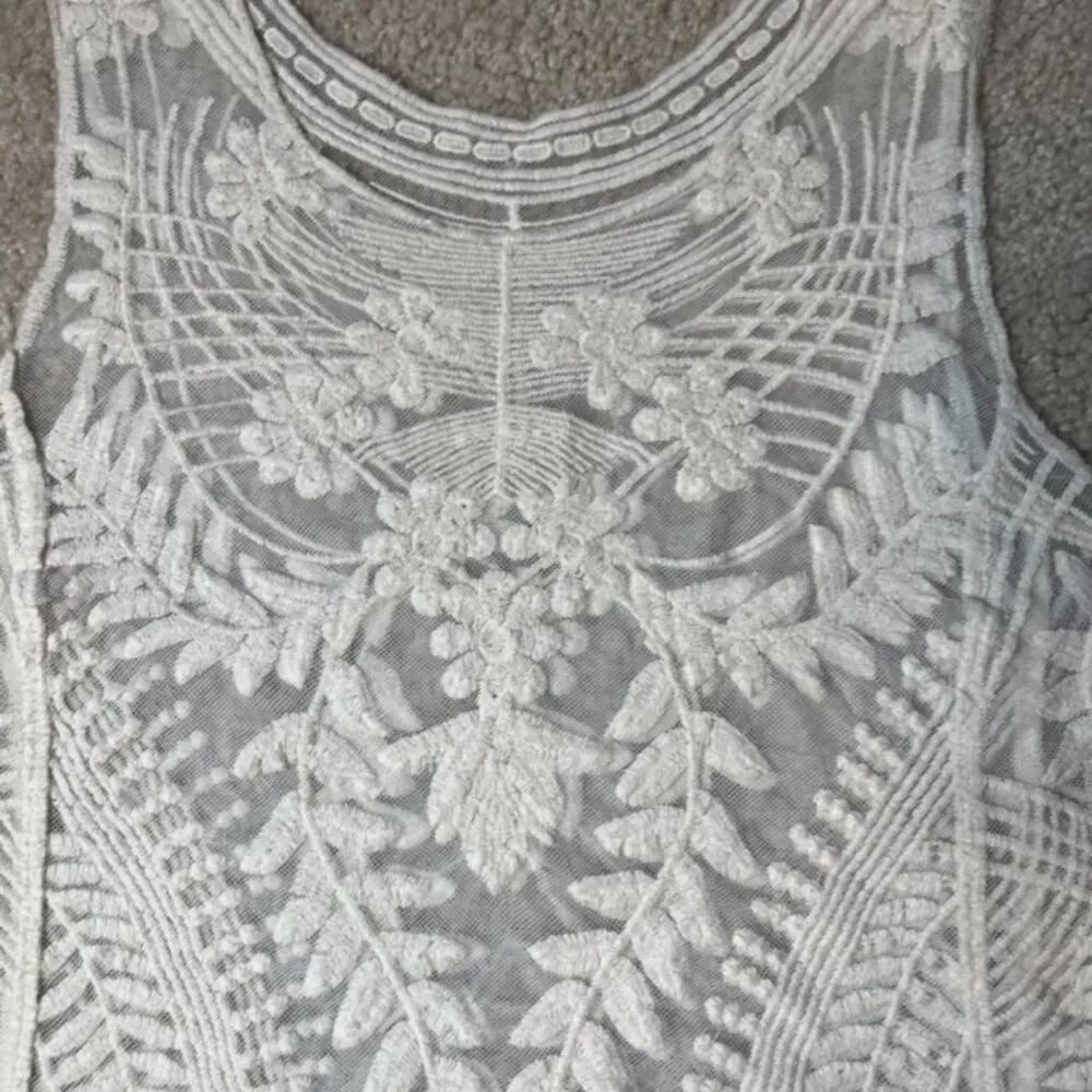 Floral Sheer Creme Bobo Trim Country Coachella Tank Top Vest women's fits M White Size M - Image 3