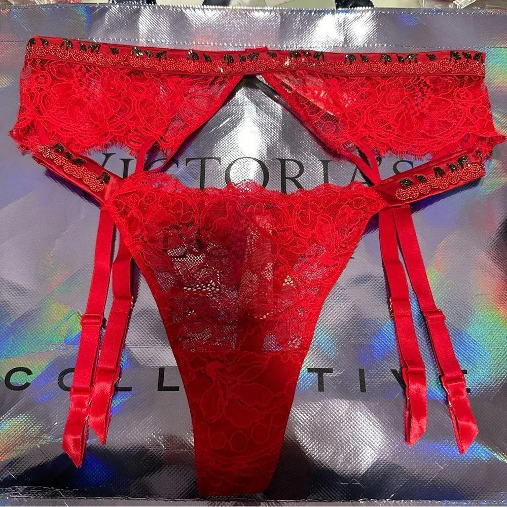 Victoria's Secret Cherry Shine Strap Lace Garter Belt and Thong - Image 6