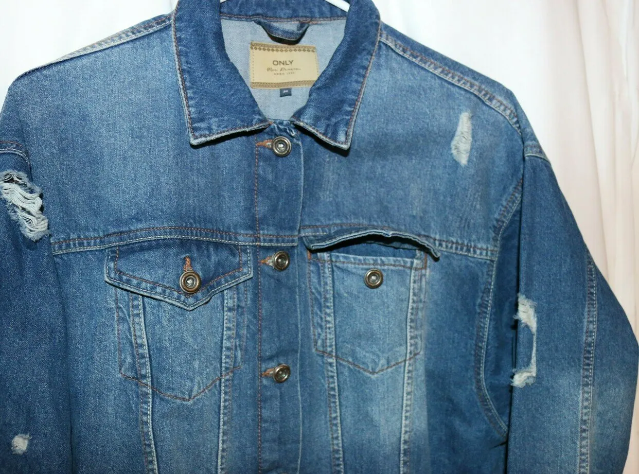 Only Blue Denim 100% Cotton Longline Jacket Womens Size EUR36 Medium Mid Distressed - Image 8