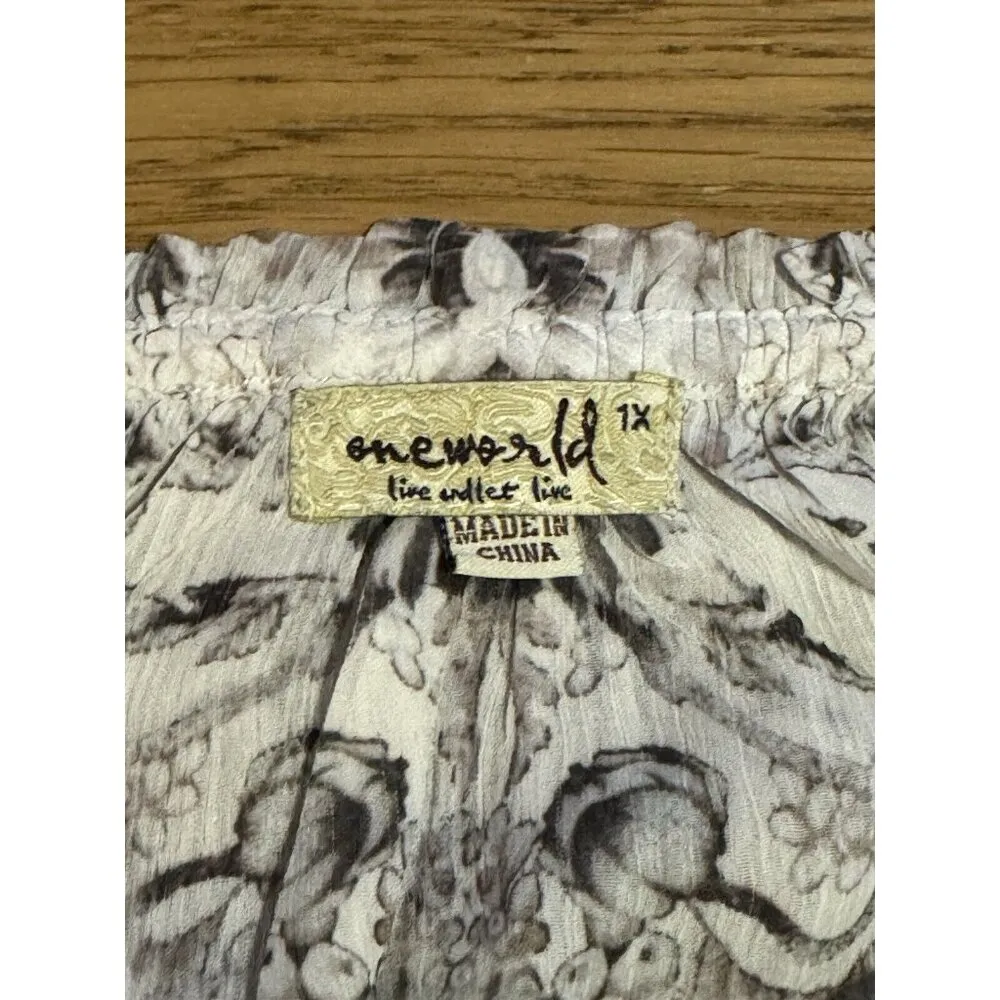 One World Live & Let Live Blouse Sz 1X Artsy Floral Lightweight Lined Tie Sleeve - Image 3