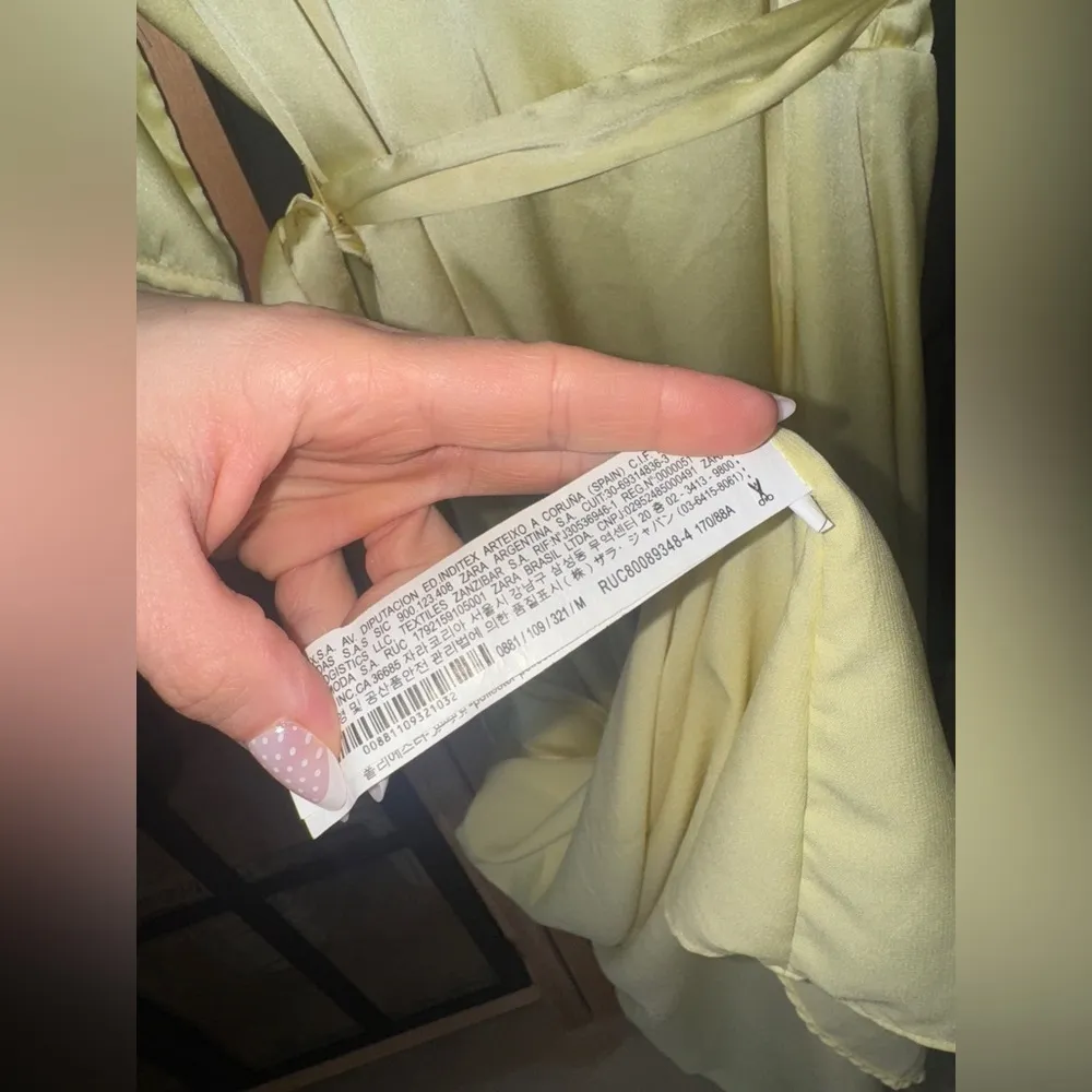 Zara maxi dress silky satin butter yellow puff sleeve wrap tie front black tie - Image 4