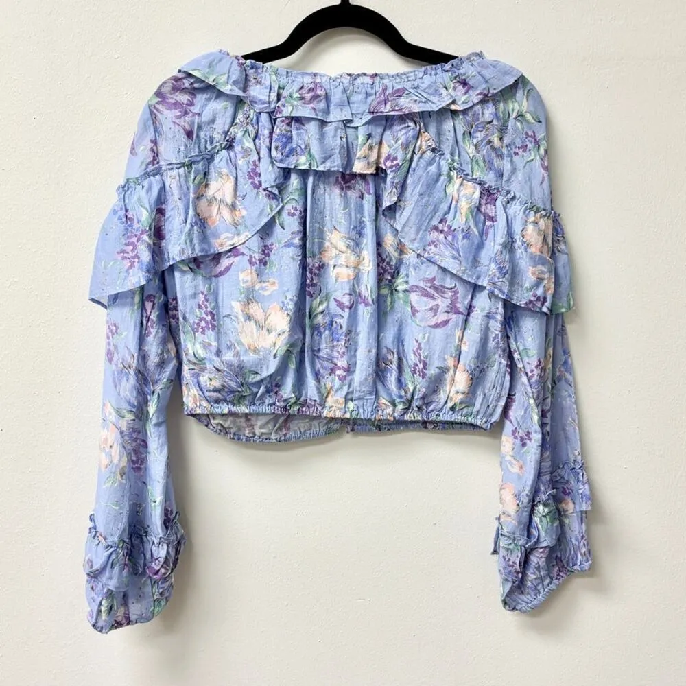 LoveShackFancy Floral Ruffle Popover Crop Blouse Top Purple/Blue Women's Size XS - Image 4