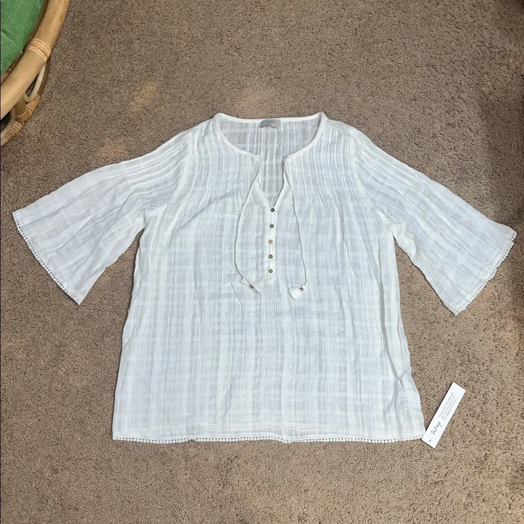 Wrap London Pintuck Gauze Flare Sleeve‎ Boho Blouse Buttons Tassels White 8 - Image 2