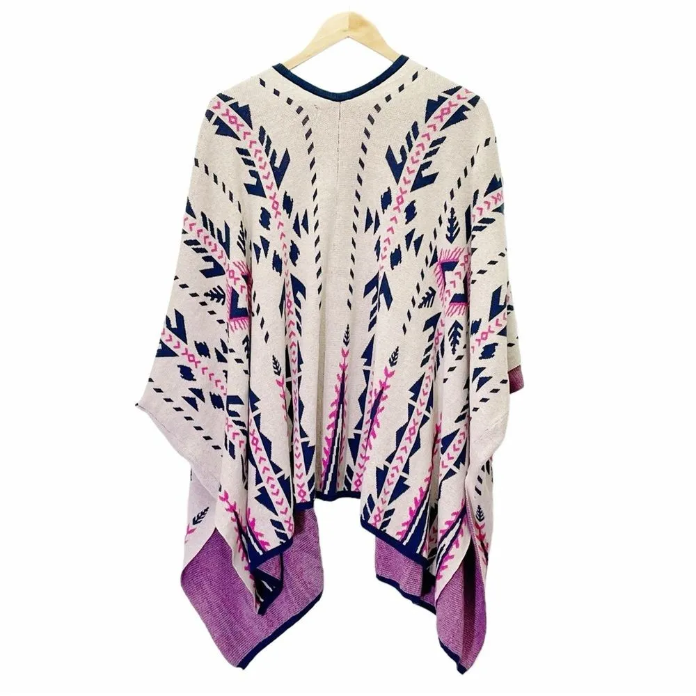 Flying Tomato Boho Aztec Sweater Kimono Size Medium Tan Navy Hot Pink Southwest - Image 3