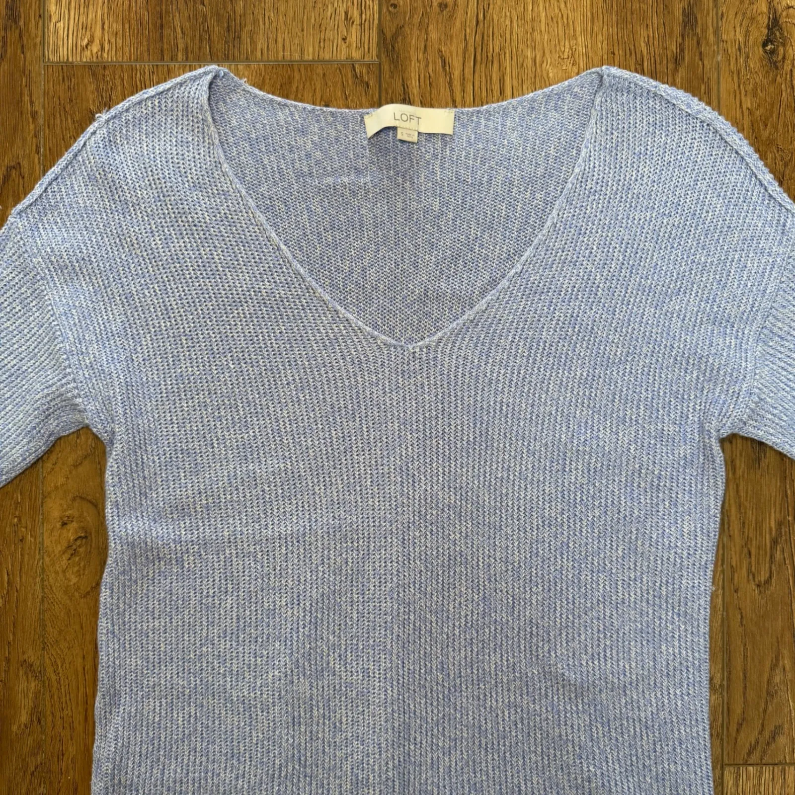 Y2K LOFT Knit Top Blue V Neck Womens Size S Short Sleeve 100% Cotton Sweater - Image 2