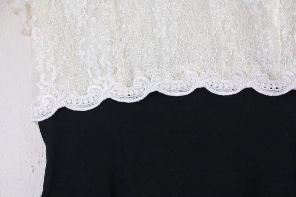 Vintage 90s SL Fashions Cream Lace Black Babydoll Scalloped Dress Size 8 - Image 6