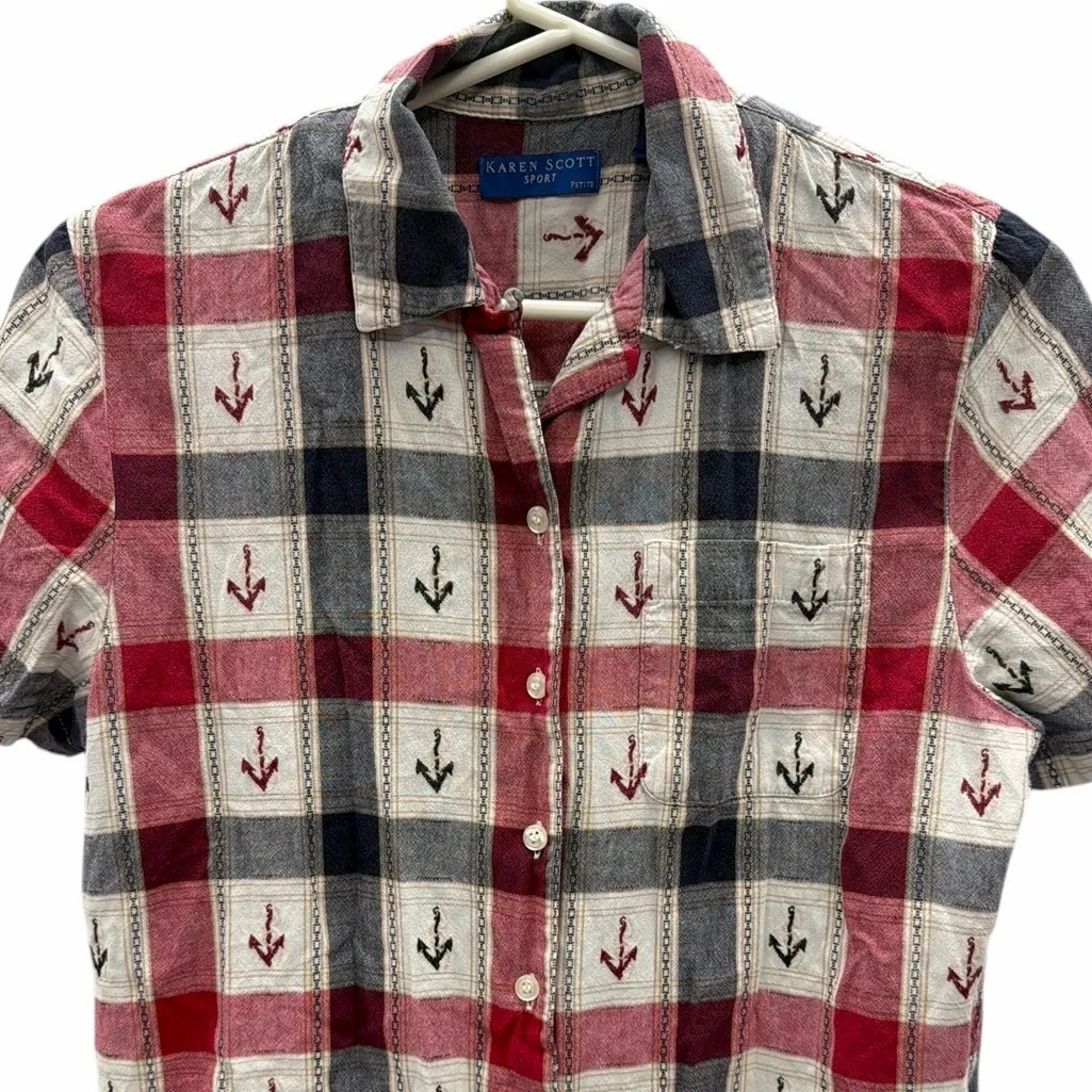 Karen Scott Sport Petite Medium Red Navy Plaid Anchor Button Up Shirt - Image 7