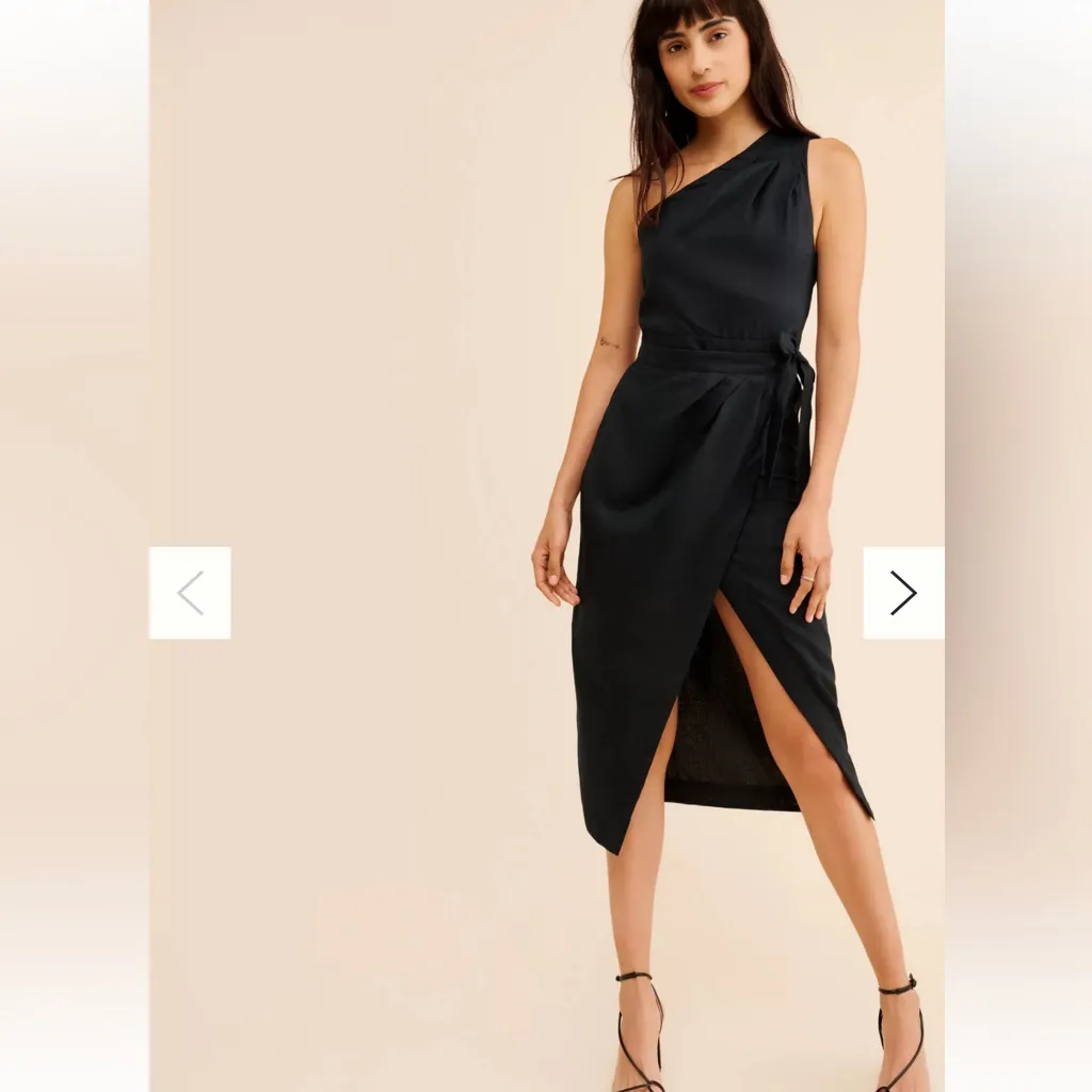 Anthropologie Linen Black Asymmetrical One Shoulder Midi Dress Belted 4P - Image 4