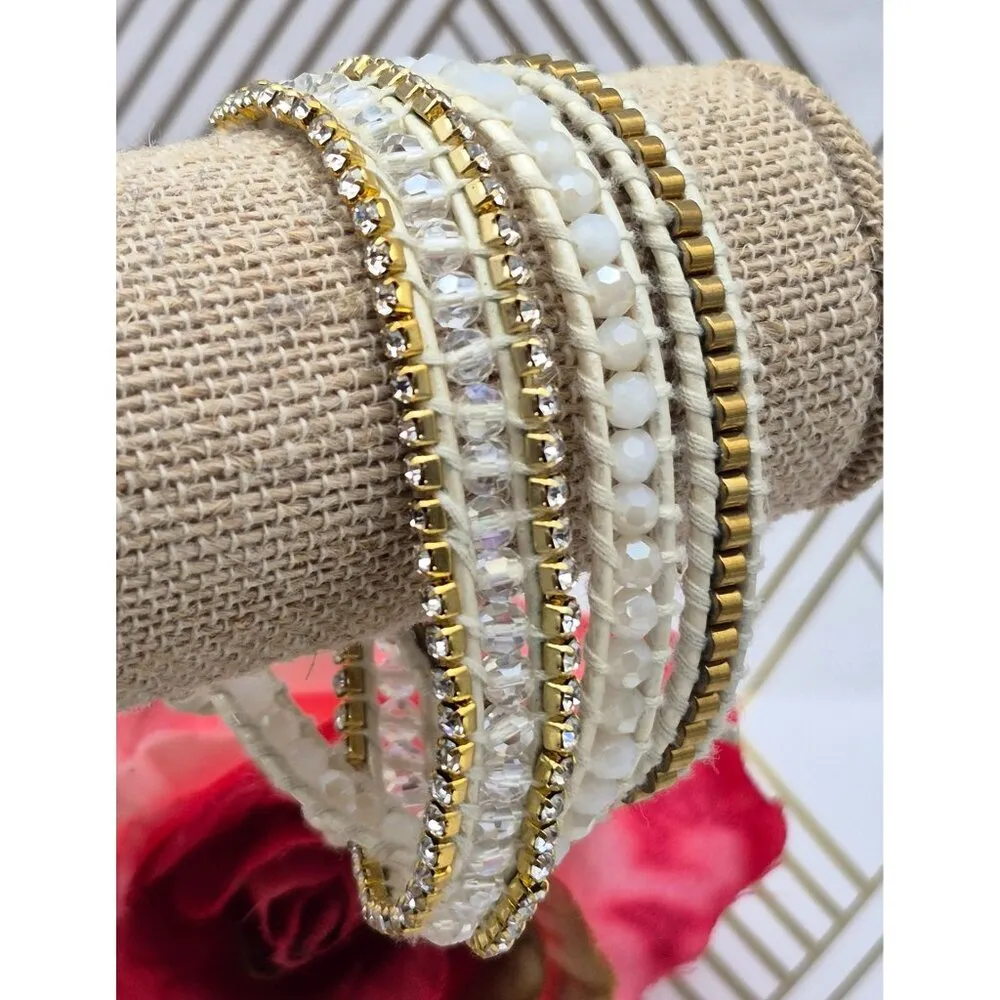 Victoria Emerson Gold & White Beaded Rhinestone Wrap Bracelet 23" Boho Casual - Image 7