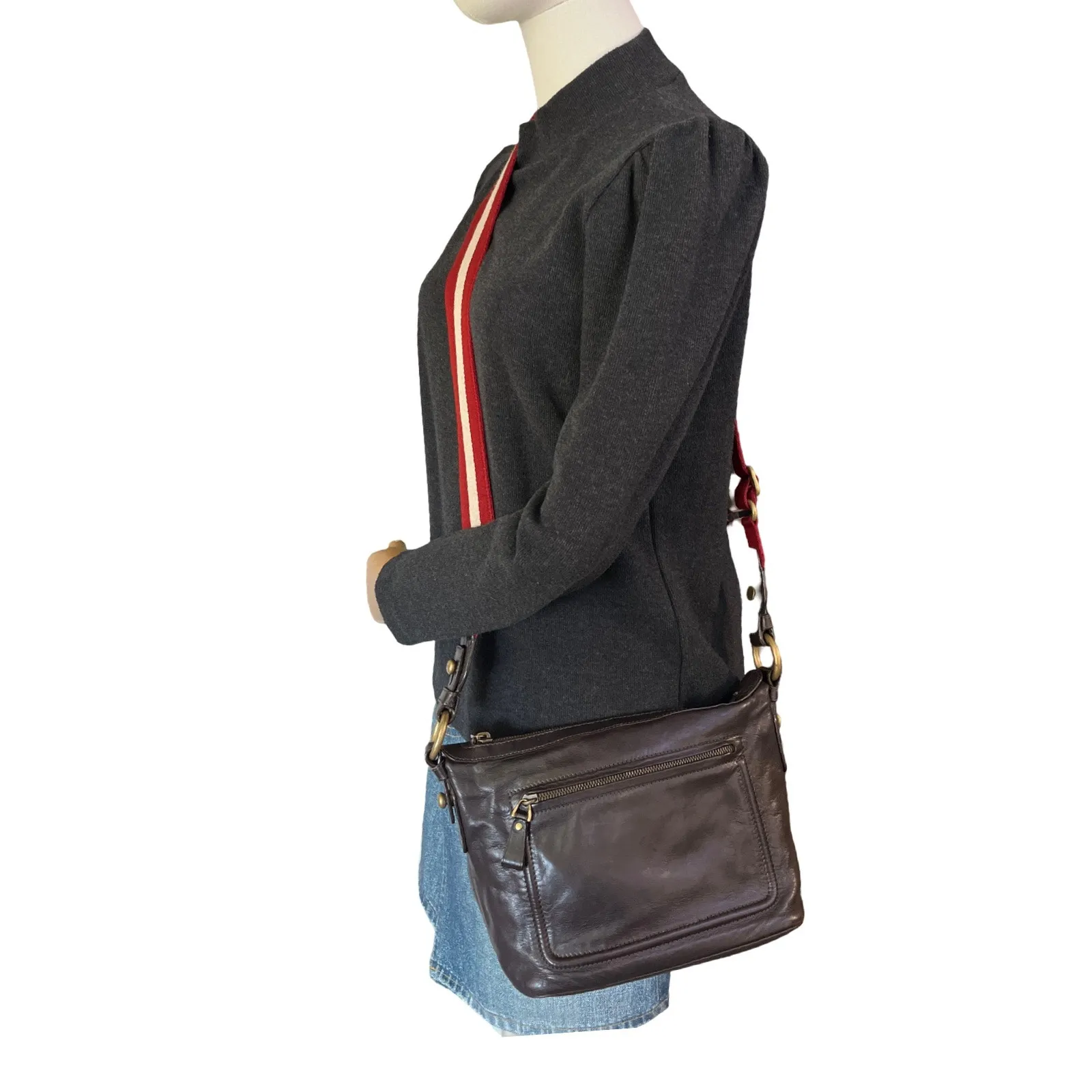 Bally Leather Crossbody Bag Brown Red Cream Stripe Adjustable Strap - Image 13