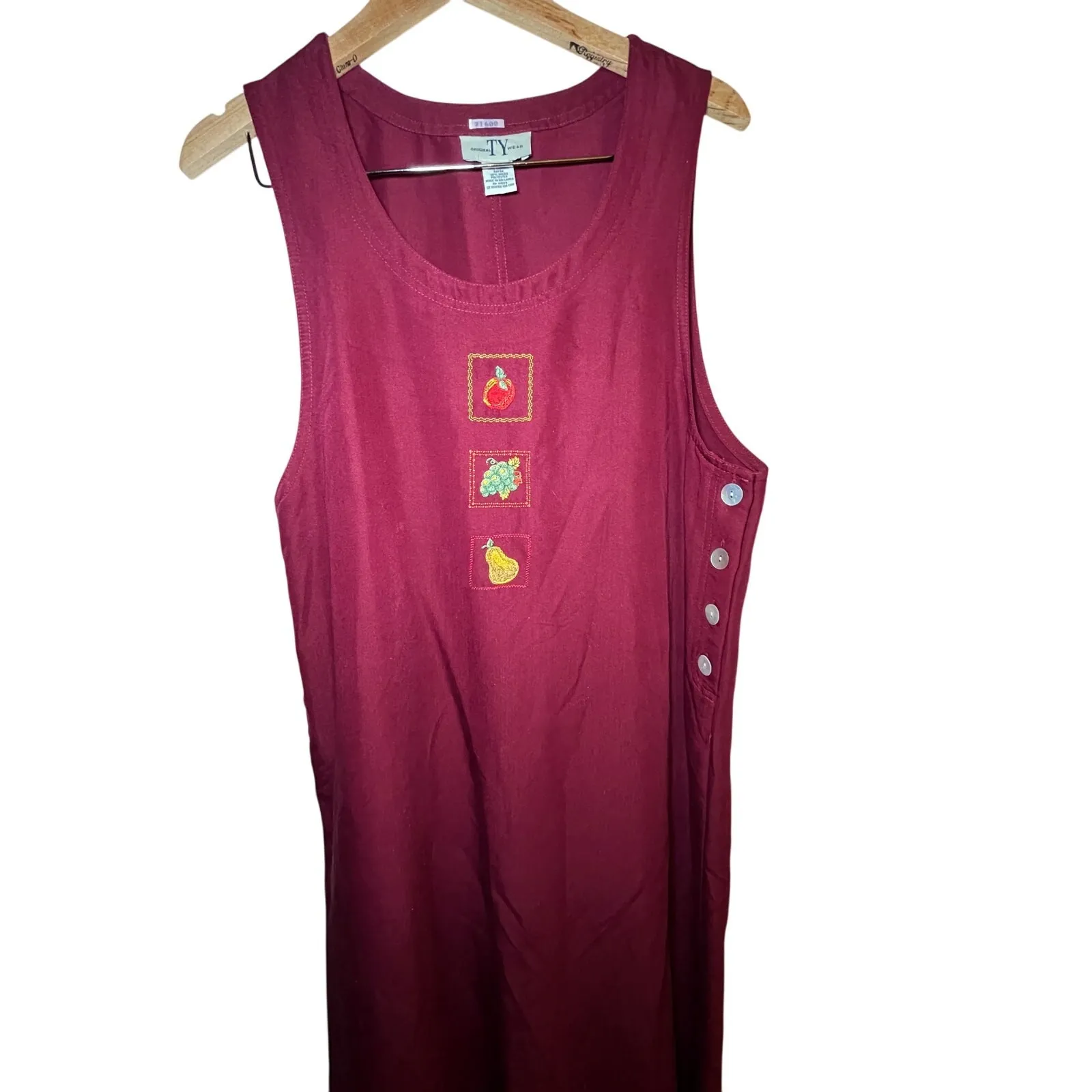 Vintage 90s Maxi Jumper Dress 14 Red Cotton Embroidery Side Buttons Cottagecore - Image 10