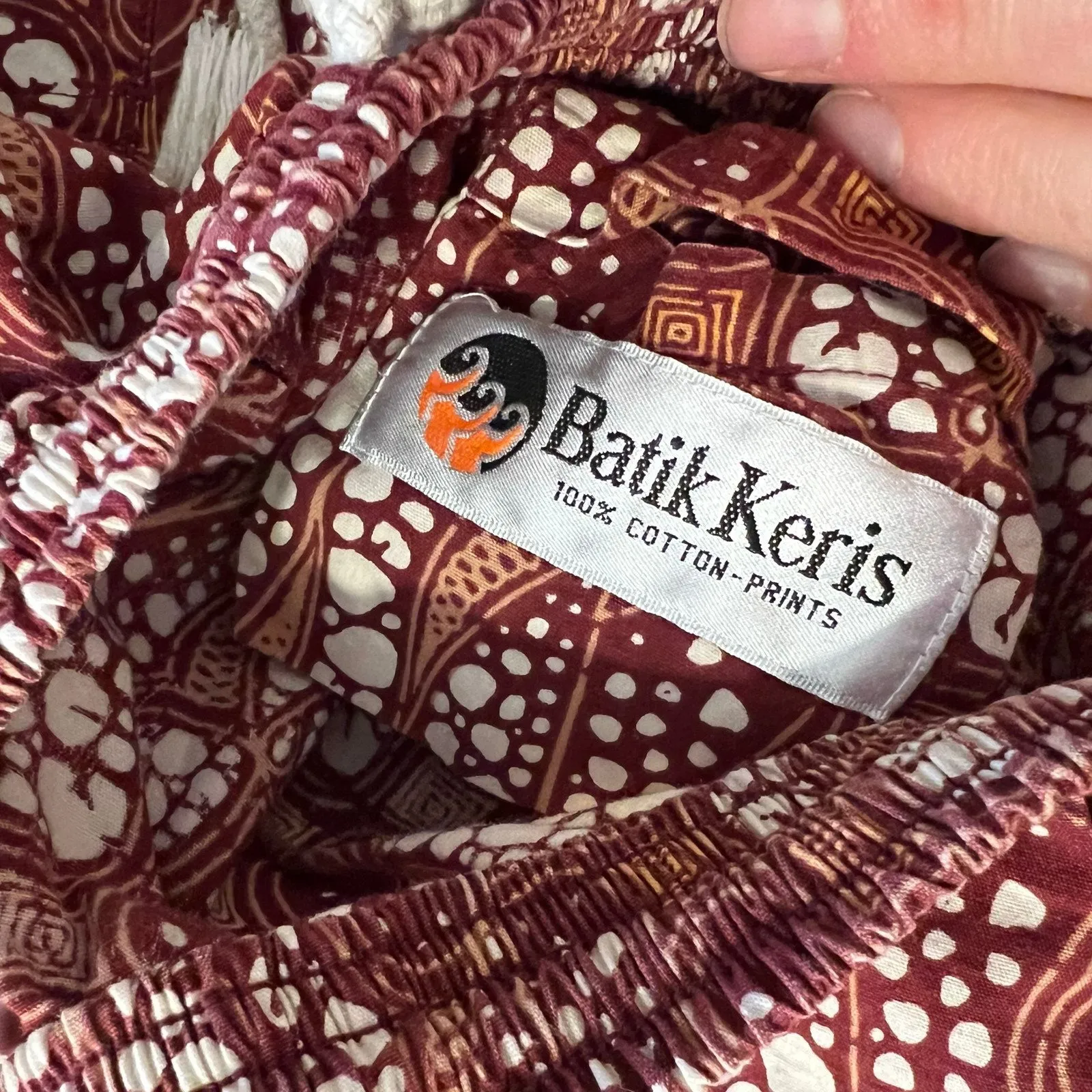 Batik Keris Cotton Red Orange Print Drawstring Baggy Relaxed Pants Size Small - Image 5