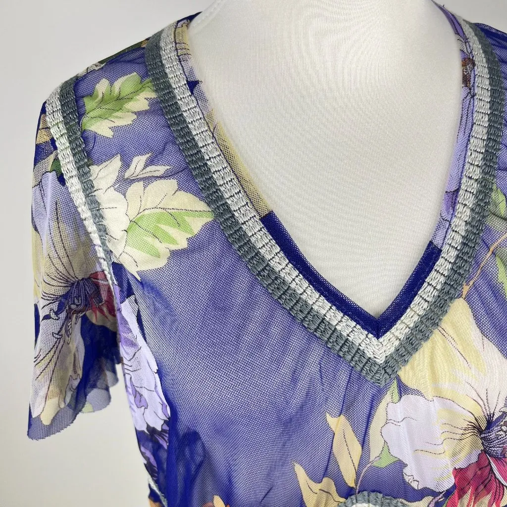 NWOT Johnny Was Biya Giana Mesh Floral Top Blouse Size M Blue - Image 4