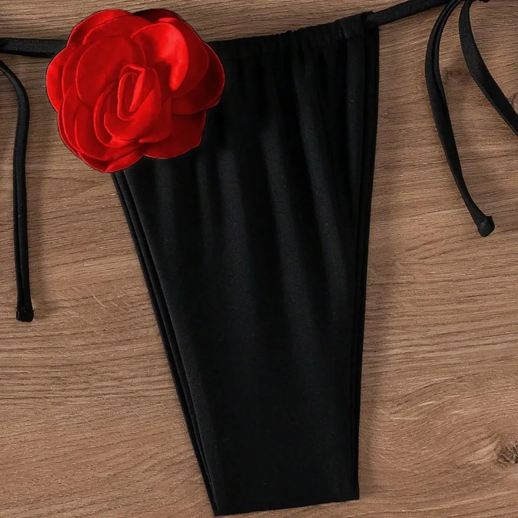 NWT Floral Appliques Halter Triangle‎ Tie Side Thong Bikini - Image 4