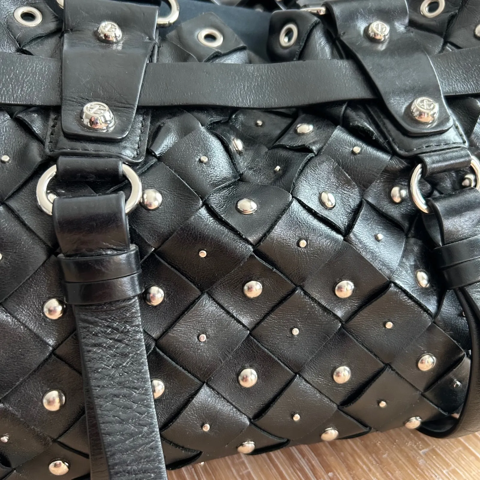 Francesco Biasia Black Woven Leather Studded Satchel Bag Silver Hardware - Image 4