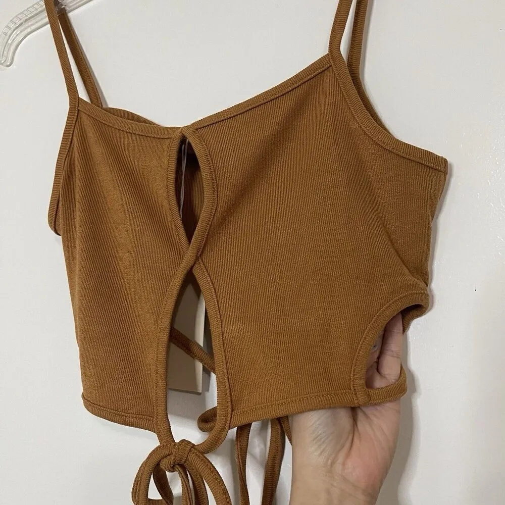NEW! MESHKI ribbed tan brown ayesha cutout singlet tank top size medium - Image 3