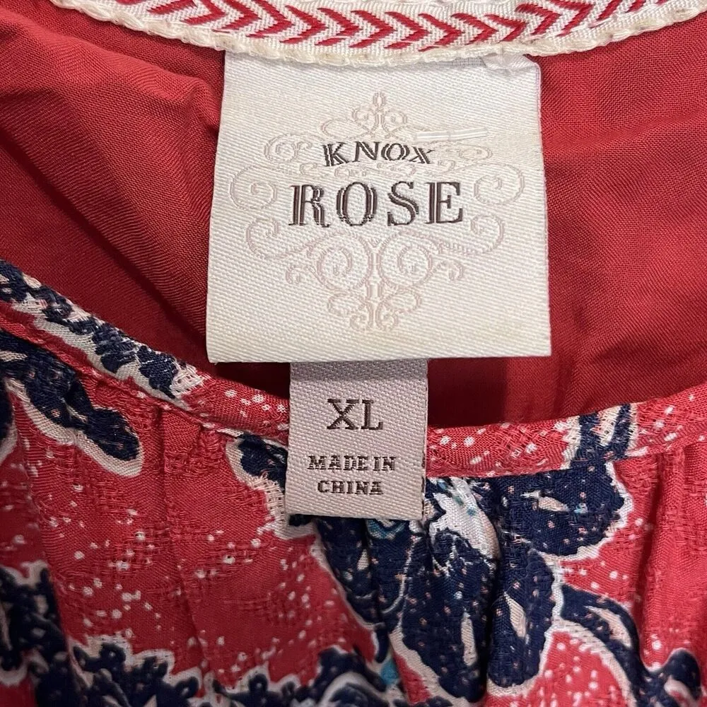 Knox Rose Tiered Midi Dress Sz XL Floral Red & Blue Boho Pockets Flutter Sleeve - Image 8