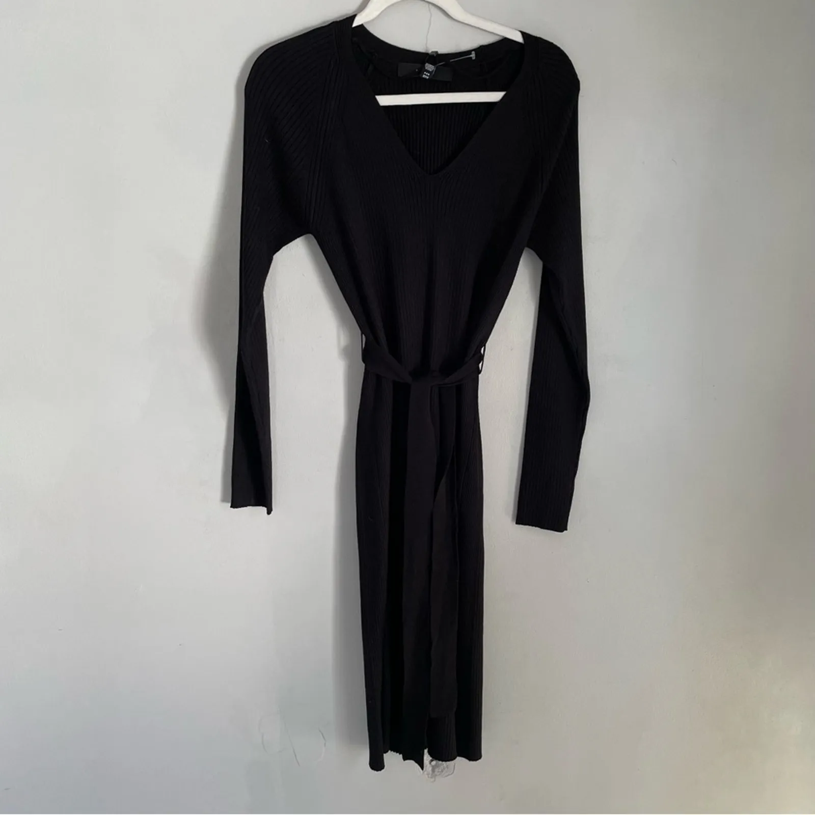 Vero Moda Ribbed Sweate Dress Medium New Black V-Neck Belted Long Sleeve - Image 2