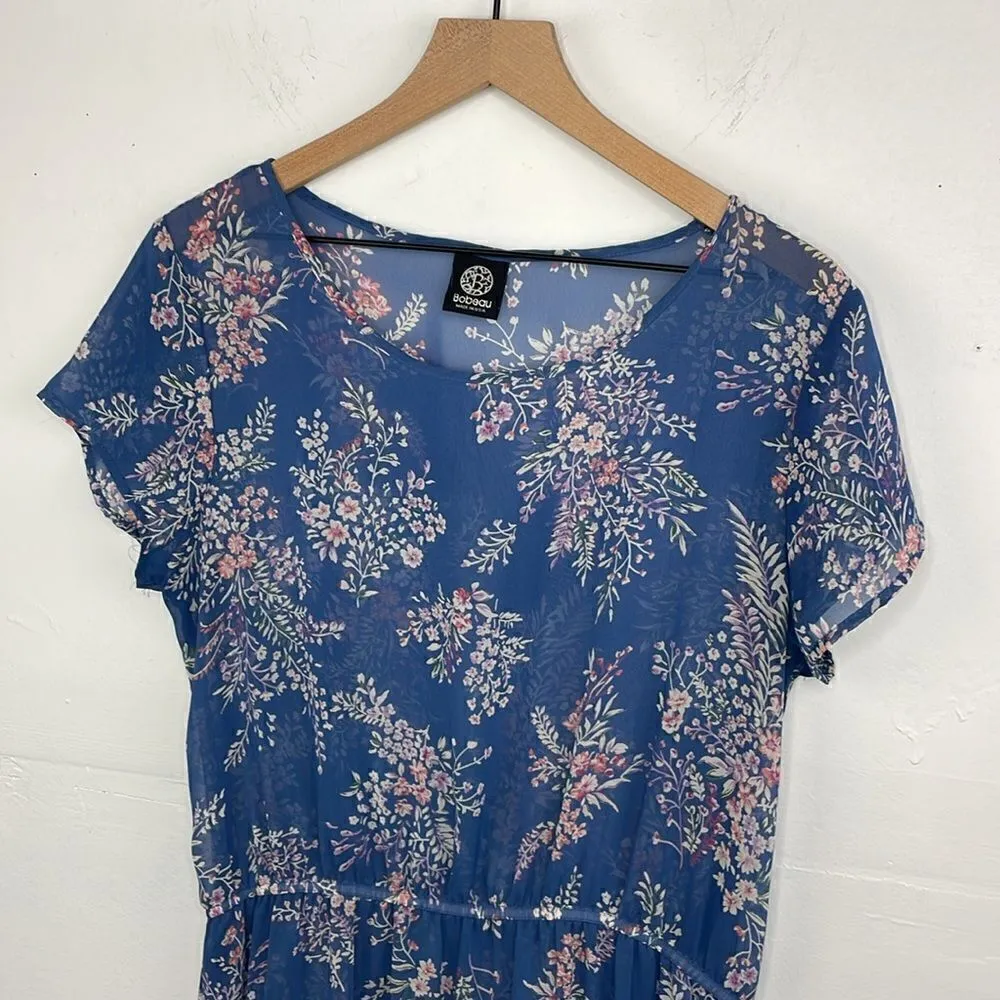 Bobeau Floral print short sleeves Sheer Ruffle hem dress large - Image 3