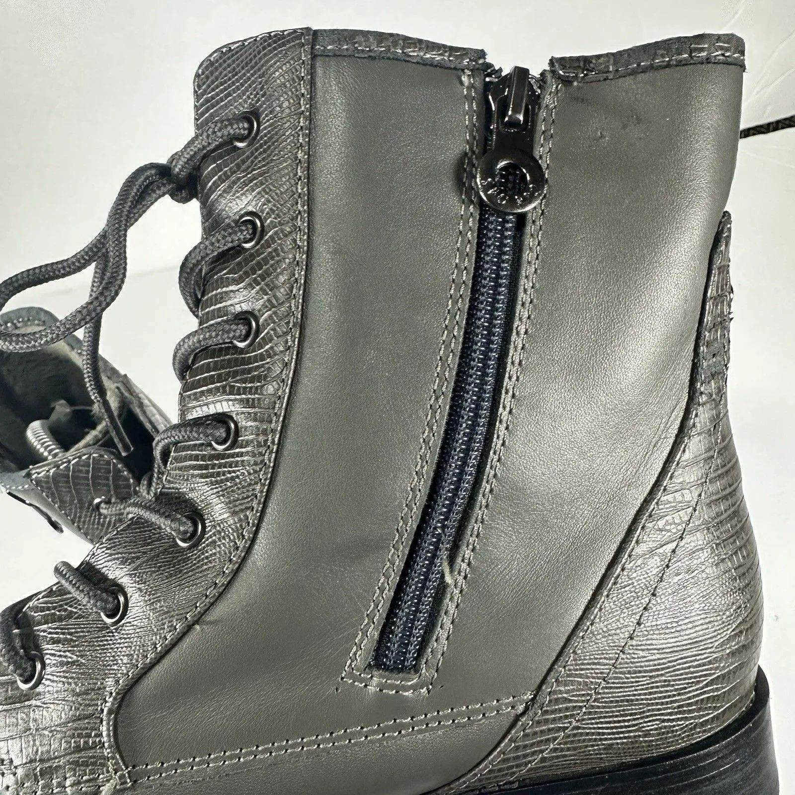 Sporto Women's Grey Leather Lace-Up Combat Boots Sz 9.5 M Faux Snakeskin Trim - Image 10