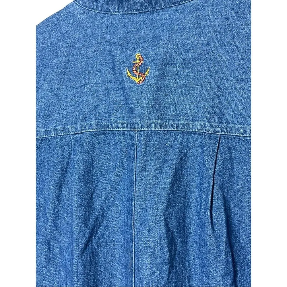 Vintage Christopher & Banks Denim Maxi Dress Embroidered Nautical Lighthouse Med - Image 10