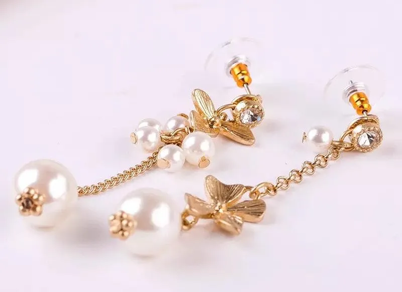Flower Crystal Pearl Drop Stud Earrings Gold - Image 5
