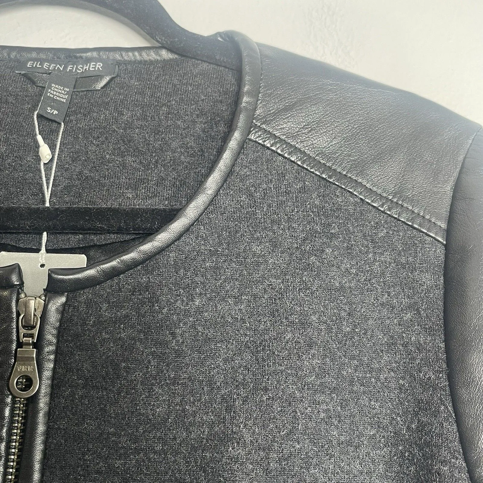 EILEEN FISHER Felted Merino Doubleknit Leather Trim Coat Small Black Gray NEW - Image 4