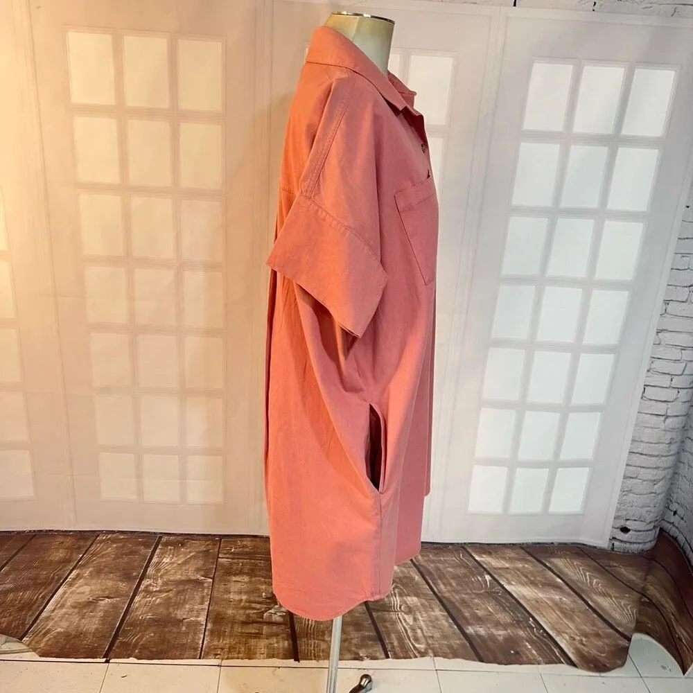 Oat coral button down short sleeve cotton shirt dress size medium Pink - Image 4