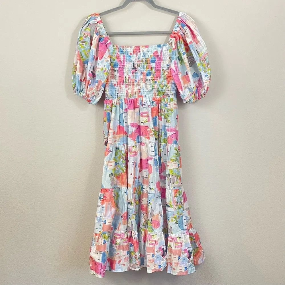 PINCH Jetset Motif Smocked Puff Sleeve‎ Midi Dress Size Large Blue - Image 9