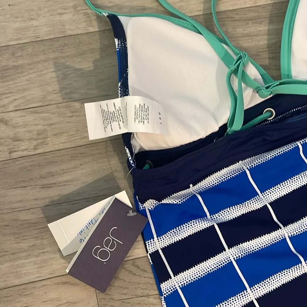 Blue navy white green bow Striped Tankini swim Top NWT checker sz large - Image 4